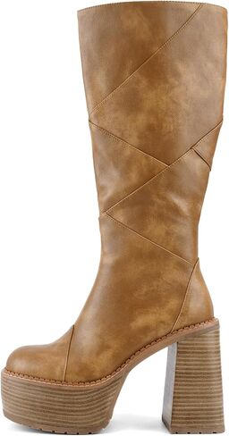 QIV Knee High Platform for Women Chunky Round Toe High Heel Motorcycle Combat Punk Tall Boots with Side Zipper in Kuwait
