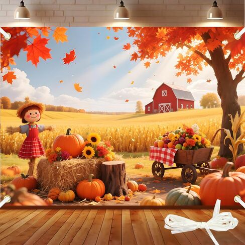 Happy Thanksgiving Banner Backdrop 71x43 Inch Thanksgiving Decorations Maple Leaves Turkey Pumpkin Photo Backdrop Banner Fall Themed Party Decorations with 19.68ft Ribbon in Kuwait