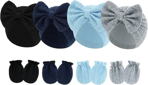 4 Pcs Newborn Hats Mittens Set Infant Cap Bow Hospital Beanie Preemie Hat for Baby Boy Girl 0-6 in Saudi Arabia