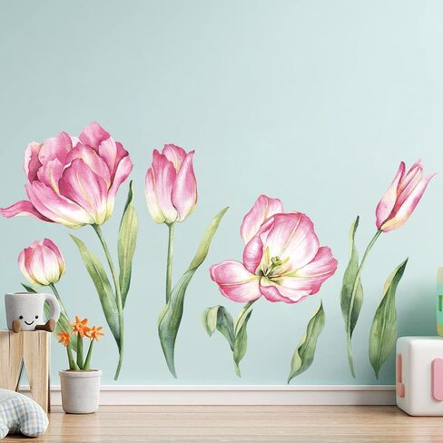 Pink Floral Blossom Wall Decals Flowers with Green Leaves Peel & Stick Wall Stickers, DIY Removable Blossoming Flower Wall Art for Girls Bedroom, Nursery, Living Room Corner Decor in Saudi Arabia