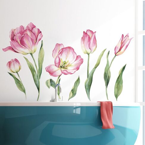 Pink Floral Blossom Wall Decals Flowers with Green Leaves Peel & Stick Wall Stickers, DIY Removable Blossoming Flower Wall Art for Girls Bedroom, Nursery, Living Room Corner Decor in Saudi Arabia