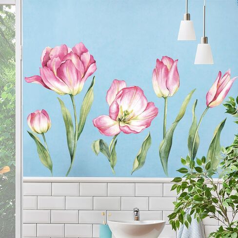 Pink Floral Blossom Wall Decals Flowers with Green Leaves Peel & Stick Wall Stickers, DIY Removable Blossoming Flower Wall Art for Girls Bedroom, Nursery, Living Room Corner Decor in Saudi Arabia