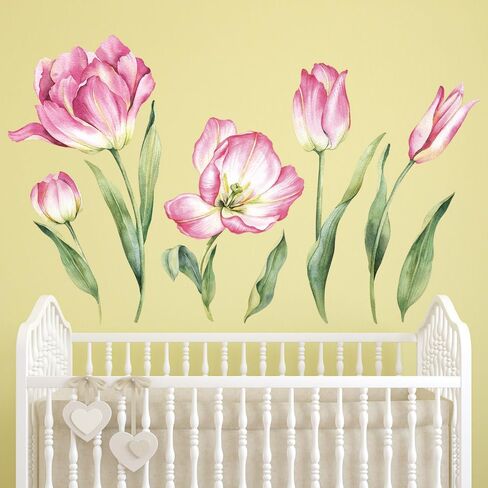 Pink Floral Blossom Wall Decals Flowers with Green Leaves Peel & Stick Wall Stickers, DIY Removable Blossoming Flower Wall Art for Girls Bedroom, Nursery, Living Room Corner Decor in Saudi Arabia