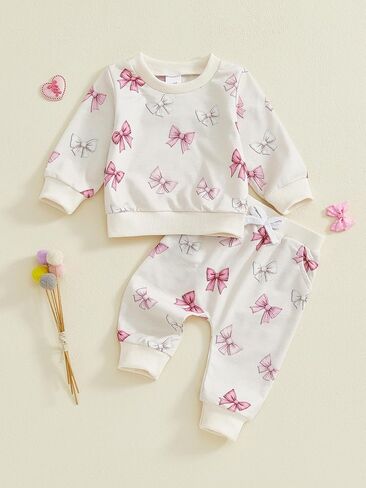 Toddler Baby Girl Clothes Long Sleeve Bow Print Sweatshirt Top And Pants Set Cute Girl Fall Winter Outfits in Kuwait
