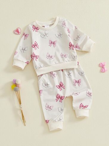 Toddler Baby Girl Clothes Long Sleeve Bow Print Sweatshirt Top And Pants Set Cute Girl Fall Winter Outfits in Kuwait