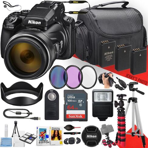 Nikon COOLPIX P1100 Digital Camera with NIKKOR 24-3000mm Lens + 64GB Memory + 2PC Extra Battery + Remote Control + Filters + Slave Flash + Tripod + More (28pc Bundle) (Renewed) in Saudi Arabia