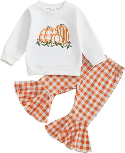 Kids Toddler Baby Girl Halloween Outfits Long Sleeve Pumpkin Ghost Embroidery Sweatshirt Plaid Flare Pants Clothes Set in Saudi Arabia