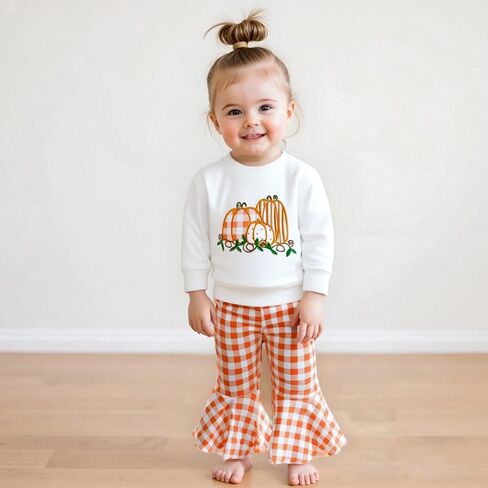 Kids Toddler Baby Girl Halloween Outfits Long Sleeve Pumpkin Ghost Embroidery Sweatshirt Plaid Flare Pants Clothes Set in Saudi Arabia