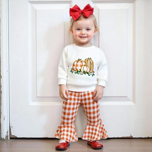 Kids Toddler Baby Girl Halloween Outfits Long Sleeve Pumpkin Ghost Embroidery Sweatshirt Plaid Flare Pants Clothes Set in Saudi Arabia