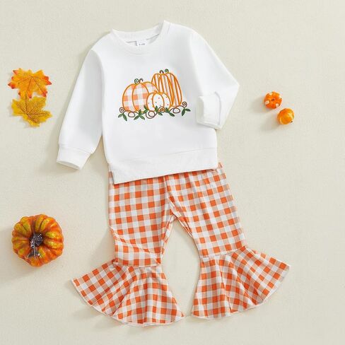 Kids Toddler Baby Girl Halloween Outfits Long Sleeve Pumpkin Ghost Embroidery Sweatshirt Plaid Flare Pants Clothes Set in Saudi Arabia