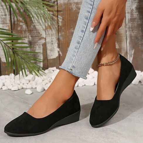 Women's Ballet Flats Business Office Work Dress Shoes Low Wedge Round Toe Slip-Ons Comfortable Dressy Casual Flats Shoes in Saudi Arabia