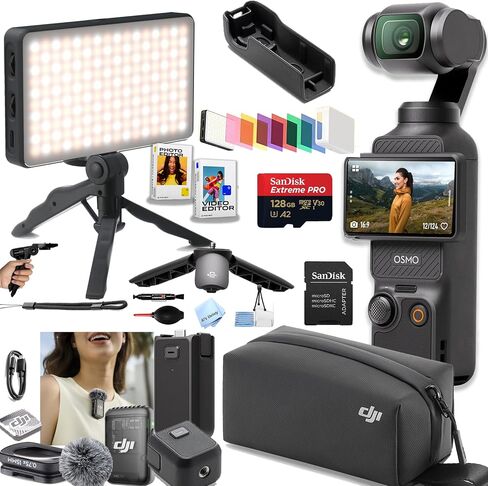 DJI Osmo Pocket 3 Creator Combo, Vlogging Cameras, 4K/120fps Vlog Camera, 3-Axis Stabilization, Face/Object Tracking, Mic Included + 128GB Memory,LED Video Light, Software + More (24pc Bundle) in Saudi Arabia
