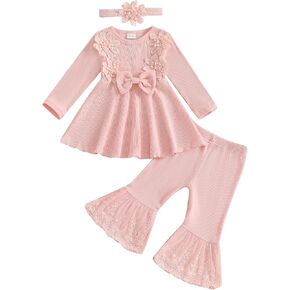 Baby Girl Fall Outfits Toddler Girl Clothes Flower Dress Lace Dresses Bow Sweatshirt Flared Pants Clothing Set in Saudi Arabia
