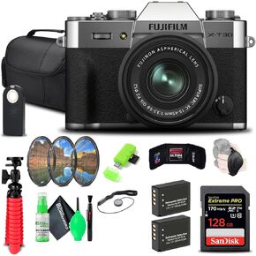 كاميرا FUJIFILM X-T30 II بدون مرآة مع عدسة XC مقاس 15-45 مم OIS PZ (فضي) (16759768) حزمة مع بطاقة ذاكرة 128 جيجابايت + حافظة ناعمة + بطارية متوافقة 2X + شاحن إضافي + حامل ثلاثي مرن لمدونات الفيديو + المزيد in Kuwait