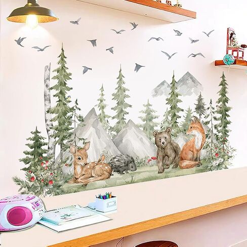 Woodland Animals Wall Decals-Pine Tree Forest Wall Stickers with Deer, Fox, Elephant, Removable Nursery Wall Art for Kids Bedroom, Playroom，Living Room in Saudi Arabia