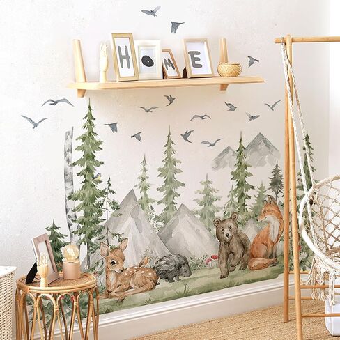 Woodland Animals Wall Decals-Pine Tree Forest Wall Stickers with Deer, Fox, Elephant, Removable Nursery Wall Art for Kids Bedroom, Playroom，Living Room in Saudi Arabia