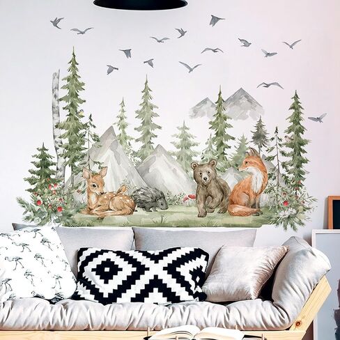 Woodland Animals Wall Decals-Pine Tree Forest Wall Stickers with Deer, Fox, Elephant, Removable Nursery Wall Art for Kids Bedroom, Playroom，Living Room in Saudi Arabia