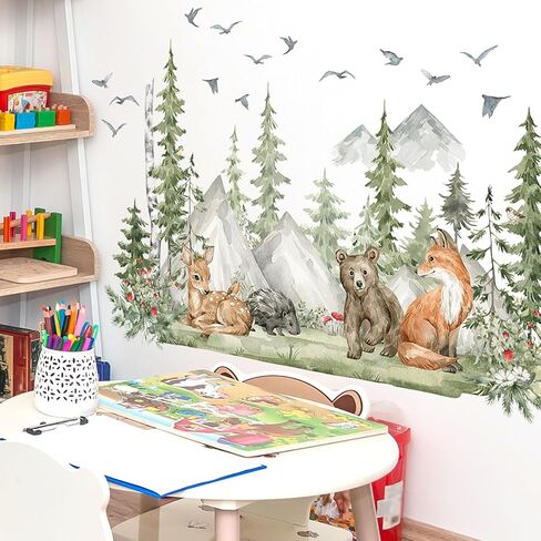 Woodland Animals Wall Decals-Pine Tree Forest Wall Stickers with Deer, Fox, Elephant, Removable Nursery Wall Art for Kids Bedroom, Playroom，Living Room in Saudi Arabia