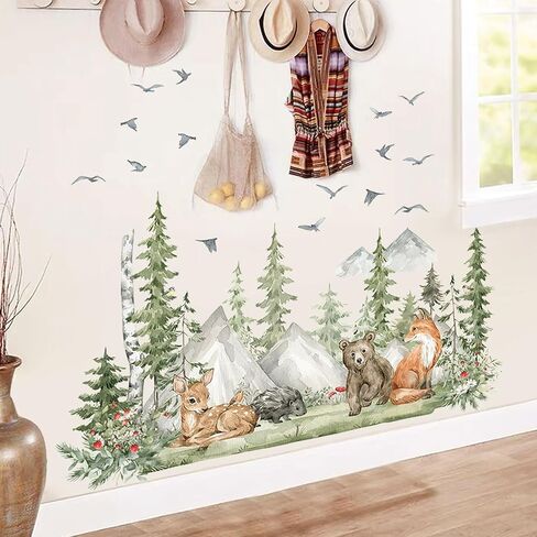 Woodland Animals Wall Decals-Pine Tree Forest Wall Stickers with Deer, Fox, Elephant, Removable Nursery Wall Art for Kids Bedroom, Playroom，Living Room in Saudi Arabia