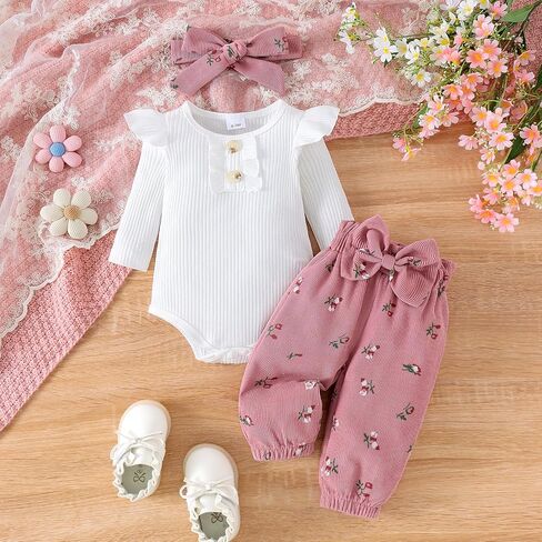 Newborn Baby Girl Clothes Cute Ribbed Romper Floral Pants Headband Infant 3pcs Set Fall Winter Outfits For Girls in Saudi Arabia