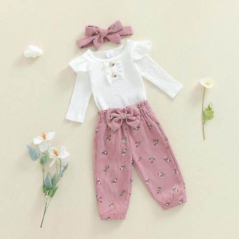 Newborn Baby Girl Clothes Cute Ribbed Romper Floral Pants Headband Infant 3pcs Set Fall Winter Outfits For Girls in Saudi Arabia