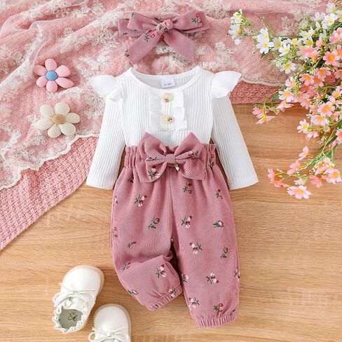 Newborn Baby Girl Clothes Cute Ribbed Romper Floral Pants Headband Infant 3pcs Set Fall Winter Outfits For Girls in Saudi Arabia