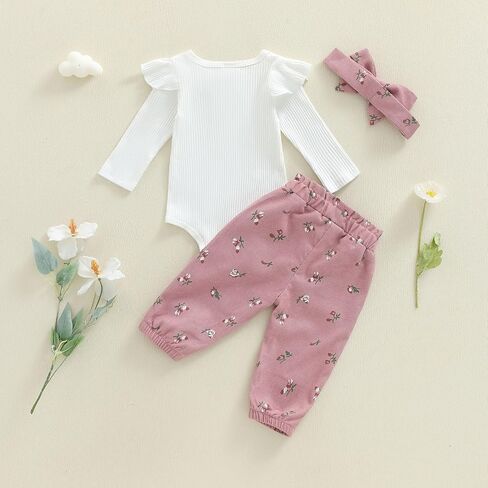 Newborn Baby Girl Clothes Cute Ribbed Romper Floral Pants Headband Infant 3pcs Set Fall Winter Outfits For Girls in Saudi Arabia