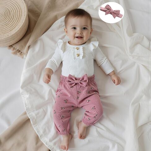 Newborn Baby Girl Clothes Cute Ribbed Romper Floral Pants Headband Infant 3pcs Set Fall Winter Outfits For Girls in Saudi Arabia