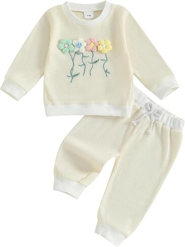 Toddler Baby Girl Fall Winter Clothes 3D Flower Long Sleeve Waffle Sweatshirt Pullover Cute Kids Outfits Pants Set in Kuwait