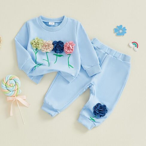 Toddler Baby Girl Fall Winter Clothes 3D Flower Long Sleeve Waffle Sweatshirt Pullover Cute Kids Outfits Pants Set in Kuwait