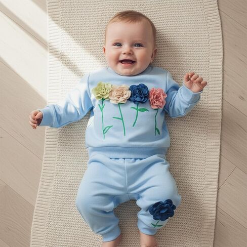Toddler Baby Girl Fall Winter Clothes 3D Flower Long Sleeve Waffle Sweatshirt Pullover Cute Kids Outfits Pants Set in Kuwait