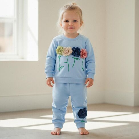 Toddler Baby Girl Fall Winter Clothes 3D Flower Long Sleeve Waffle Sweatshirt Pullover Cute Kids Outfits Pants Set in Kuwait