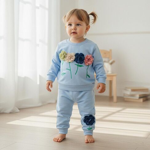 Toddler Baby Girl Fall Winter Clothes 3D Flower Long Sleeve Waffle Sweatshirt Pullover Cute Kids Outfits Pants Set in Kuwait