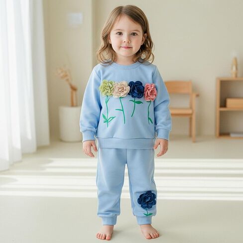 Toddler Baby Girl Fall Winter Clothes 3D Flower Long Sleeve Waffle Sweatshirt Pullover Cute Kids Outfits Pants Set in Kuwait