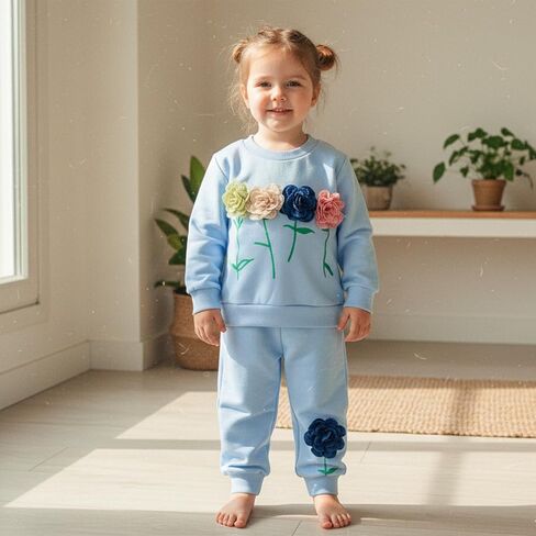 Toddler Baby Girl Fall Winter Clothes 3D Flower Long Sleeve Waffle Sweatshirt Pullover Cute Kids Outfits Pants Set in Kuwait