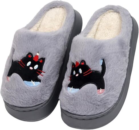 Cat Slippers For Womens Home Fuzzy Plush Mens Shoes Cute Animal Design Soft Warm Bedroom Anti-Skid Sole Winter Wool Lined Indoor Outdoor House Gift Idea in Saudi Arabia