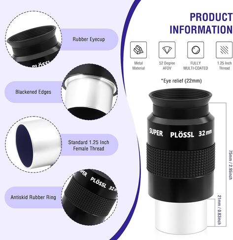 Astromania 1.25" 32mm Super Plossl Telescope Eyepiece - Bundle with - 1.25" 90°Diagonal with Amici Prism in Saudi Arabia