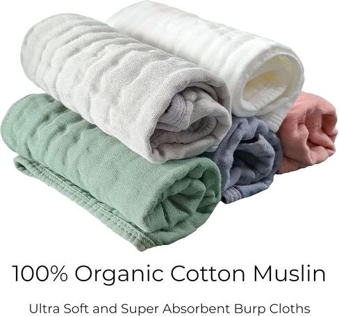 Muslin Baby Burp Cloths for Newborn - 5 Pack, Soft and Absorbent Organic Cotton, 20"x10", Large, Baby Essentials for Boys and Girls, Gender Neutral Solid Colors in Saudi Arabia