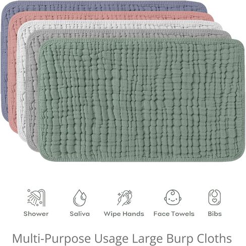 Muslin Baby Burp Cloths for Newborn - 5 Pack, Soft and Absorbent Organic Cotton, 20"x10", Large, Baby Essentials for Boys and Girls, Gender Neutral Solid Colors in Saudi Arabia