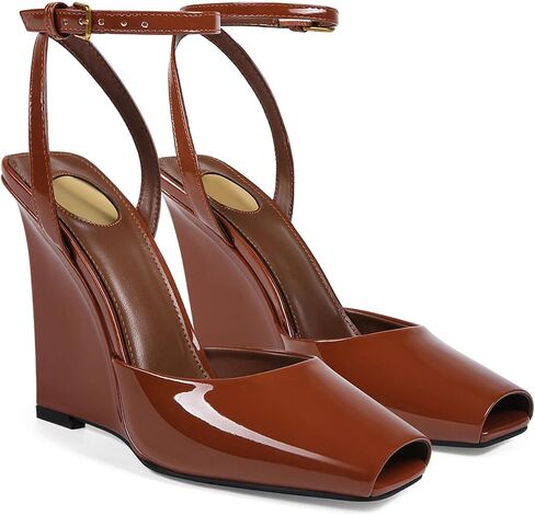 Womens Peep Toe Wedge Heel Patent Leather Pumps with Strap Platform Wedge Sandals for Party Dress in Saudi Arabia