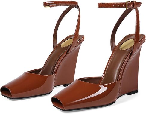 Womens Peep Toe Wedge Heel Patent Leather Pumps with Strap Platform Wedge Sandals for Party Dress in Saudi Arabia