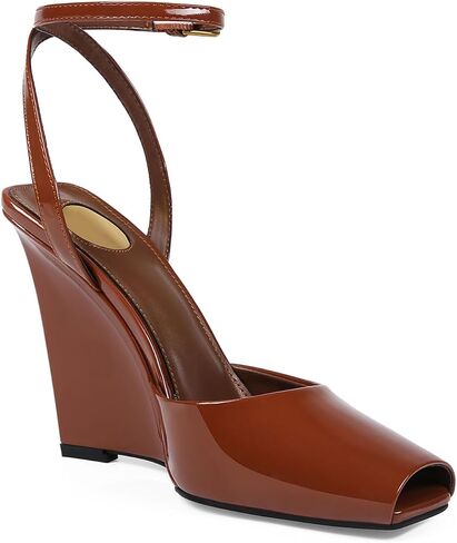 Womens Peep Toe Wedge Heel Patent Leather Pumps with Strap Platform Wedge Sandals for Party Dress in Saudi Arabia