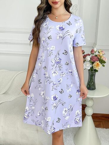 Women Floral Short Sleeve Sleep Dress Soft Loose Nightgown Casual Homewear for Relaxing Sleeping and Daily Comfort in Saudi Arabia