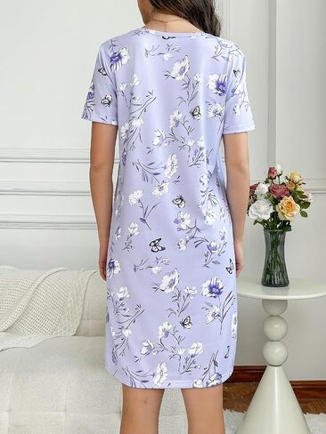 Women Floral Short Sleeve Sleep Dress Soft Loose Nightgown Casual Homewear for Relaxing Sleeping and Daily Comfort in Saudi Arabia