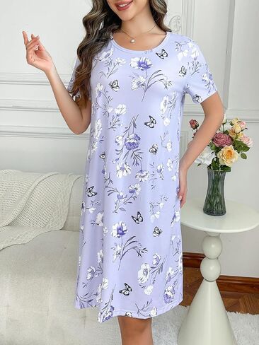 Women Floral Short Sleeve Sleep Dress Soft Loose Nightgown Casual Homewear for Relaxing Sleeping and Daily Comfort in Saudi Arabia