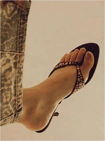 MakeMeChic Women's Open Toe Thong Sandals Leather Rivet Slip On Flip Flop Heeled Sandals in Saudi Arabia