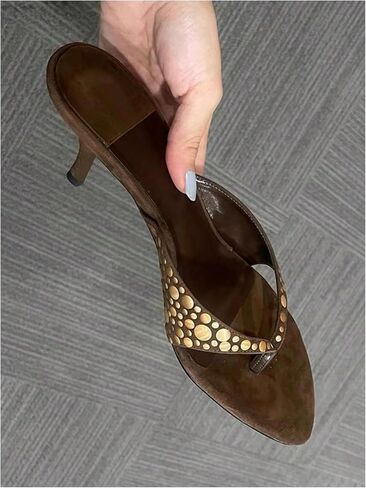 MakeMeChic Women's Open Toe Thong Sandals Leather Rivet Slip On Flip Flop Heeled Sandals in Saudi Arabia