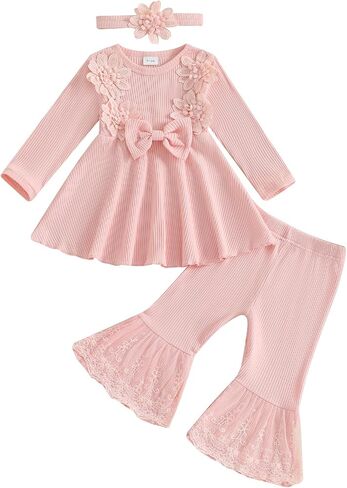 Baby Girl Fall Outfits Toddler Girl Clothes Flower Dress Lace Dresses Bow Sweatshirt Flared Pants Clothing Set in Saudi Arabia