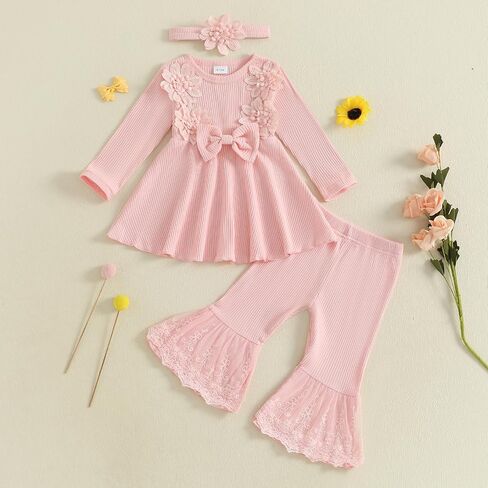 Baby Girl Fall Outfits Toddler Girl Clothes Flower Dress Lace Dresses Bow Sweatshirt Flared Pants Clothing Set in Saudi Arabia