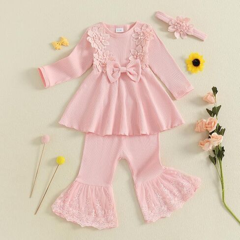 Baby Girl Fall Outfits Toddler Girl Clothes Flower Dress Lace Dresses Bow Sweatshirt Flared Pants Clothing Set in Saudi Arabia